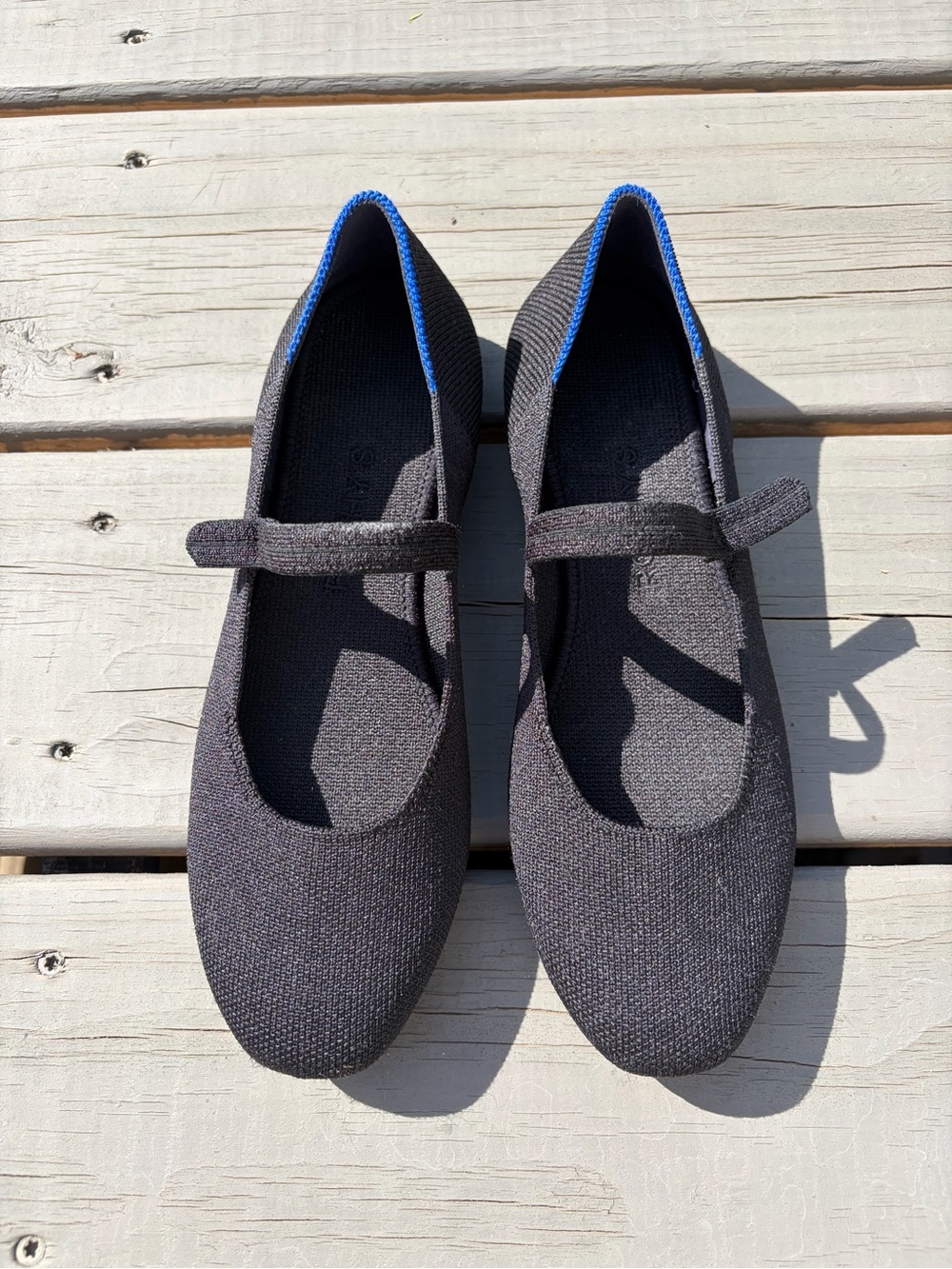 Rothy's Black Knit Mary Jane Flats with Blue Trim